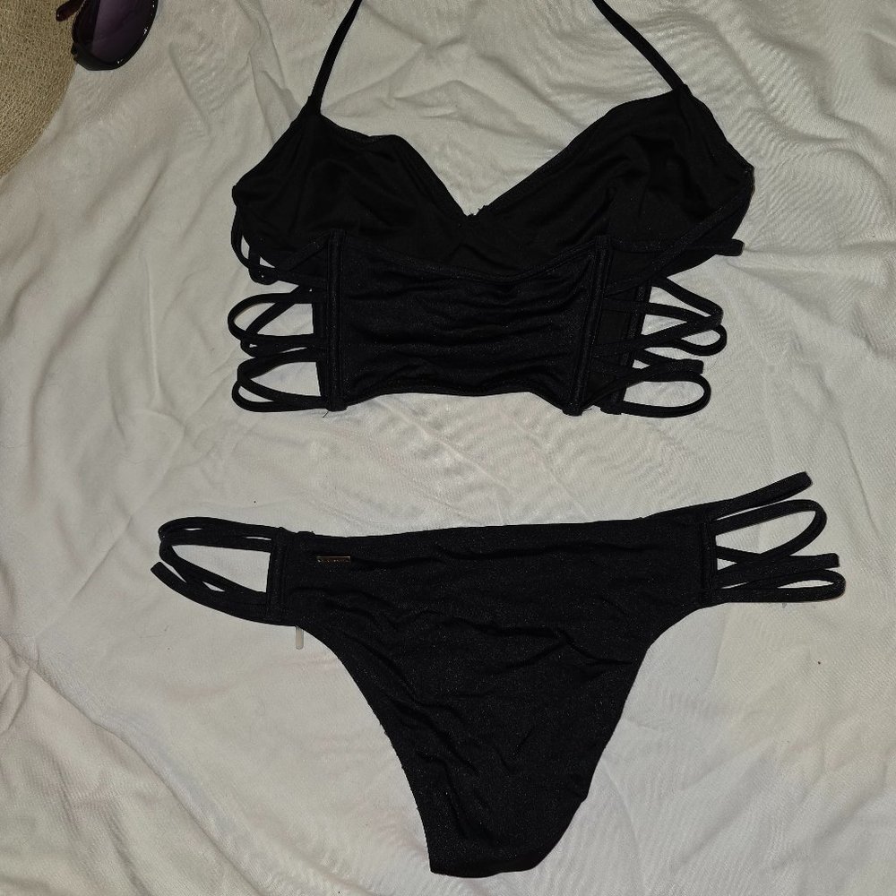 Victoria's Secret' Sexy Black Strappy String Bikini Top L Bottoms M - Picture 3 of 8